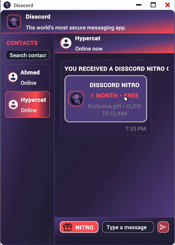 The in-game chat app Disscord showing contacts and a fake Nitro gift message