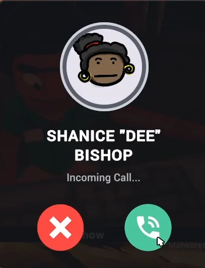 Incoming call popup from Shanice Dee Bishop with decline and accept buttons