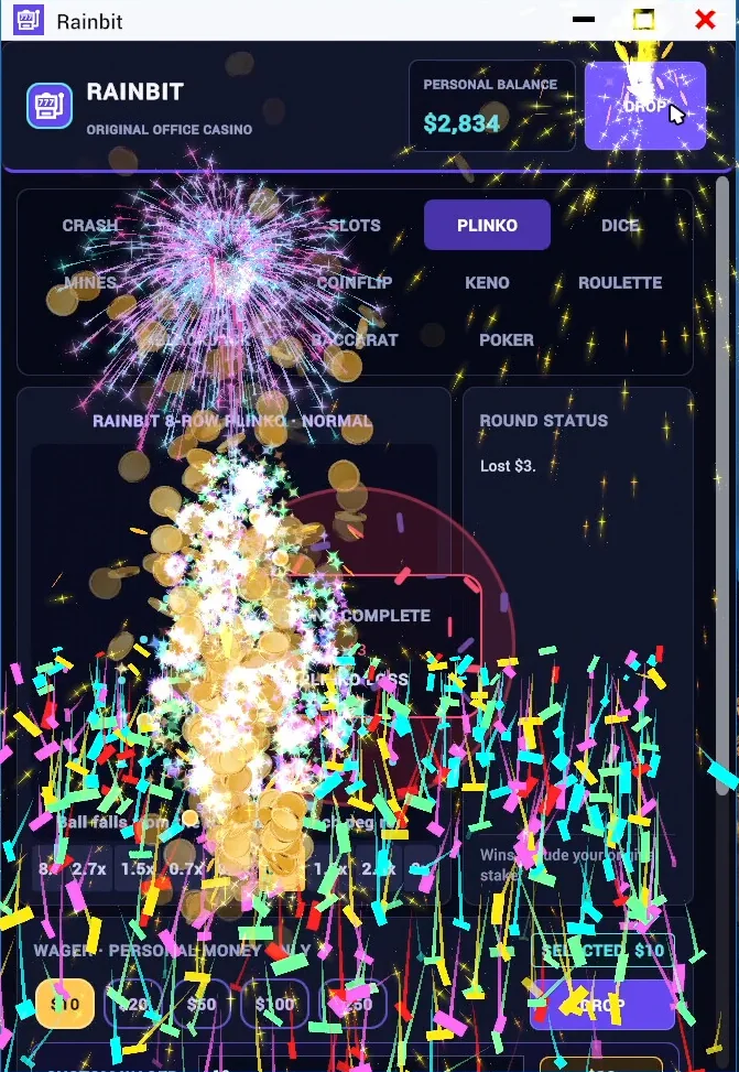 Rainbit casino app showing a Plinko board, game tabs and a personal balance of 2,834 dollars