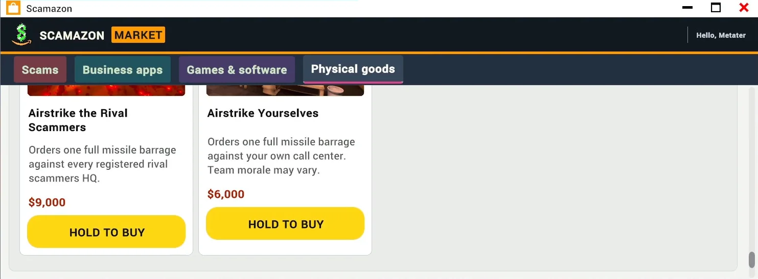 Scamazon Market listing Airstrike the Rival Scammers for 9,000 dollars and Airstrike Yourselves for 6,000 dollars
