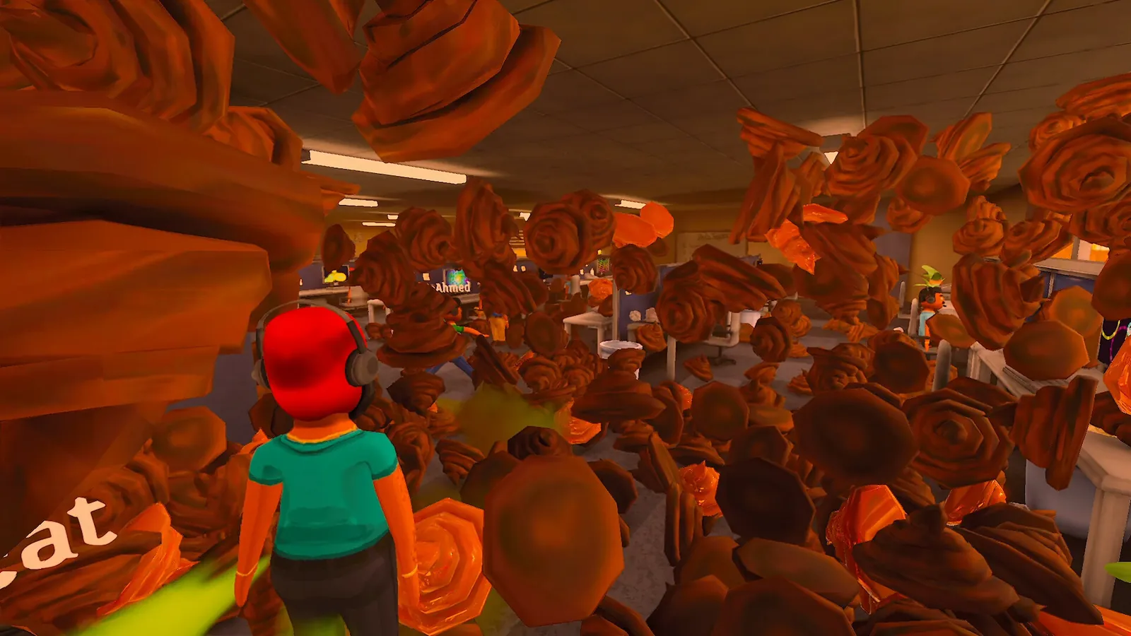 A player standing on the call floor as it fills with a pile of brown swirl-shaped objects