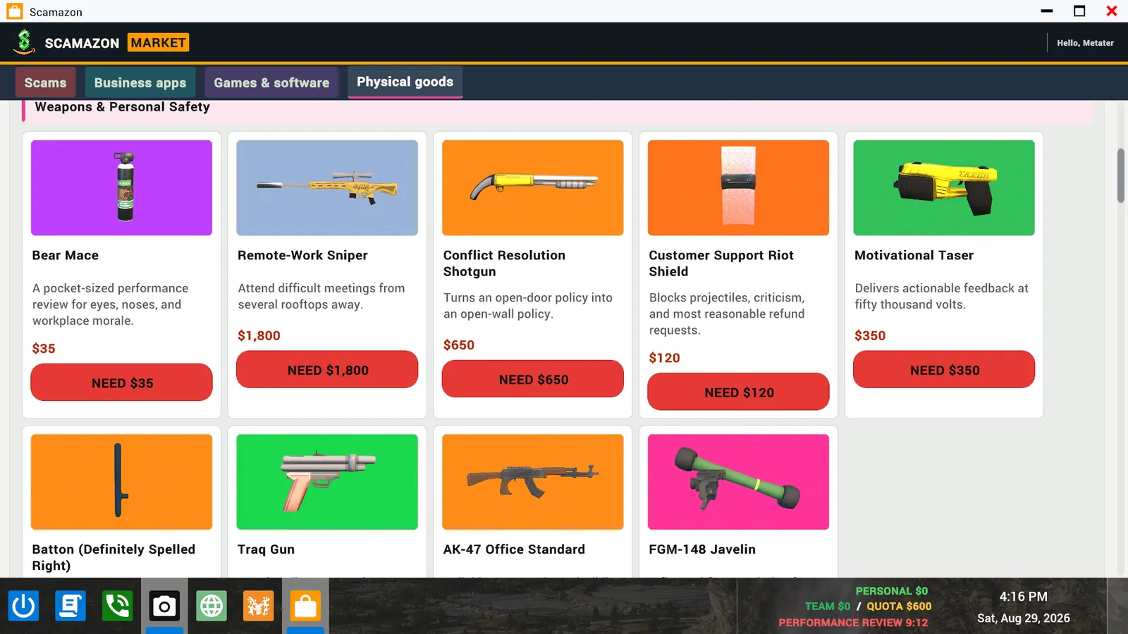Scamazon Market listing in-game items with prices from 35 dollars to 1,800 dollars