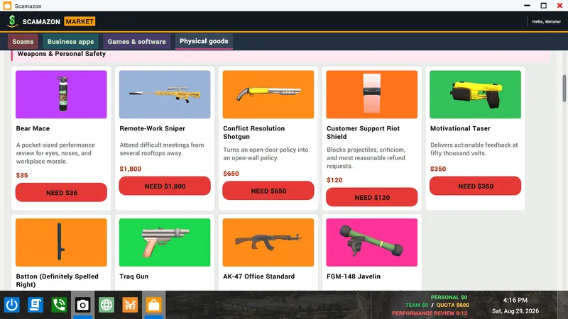 Scamazon Market weapons page listing Bear Mace, Remote-Work Sniper and other items