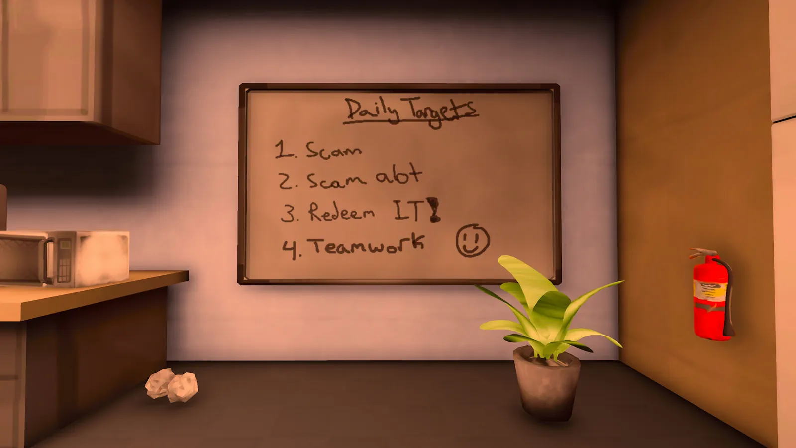 Whiteboard reading Daily Targets: scam, scam a lot, redeem it, teamwork