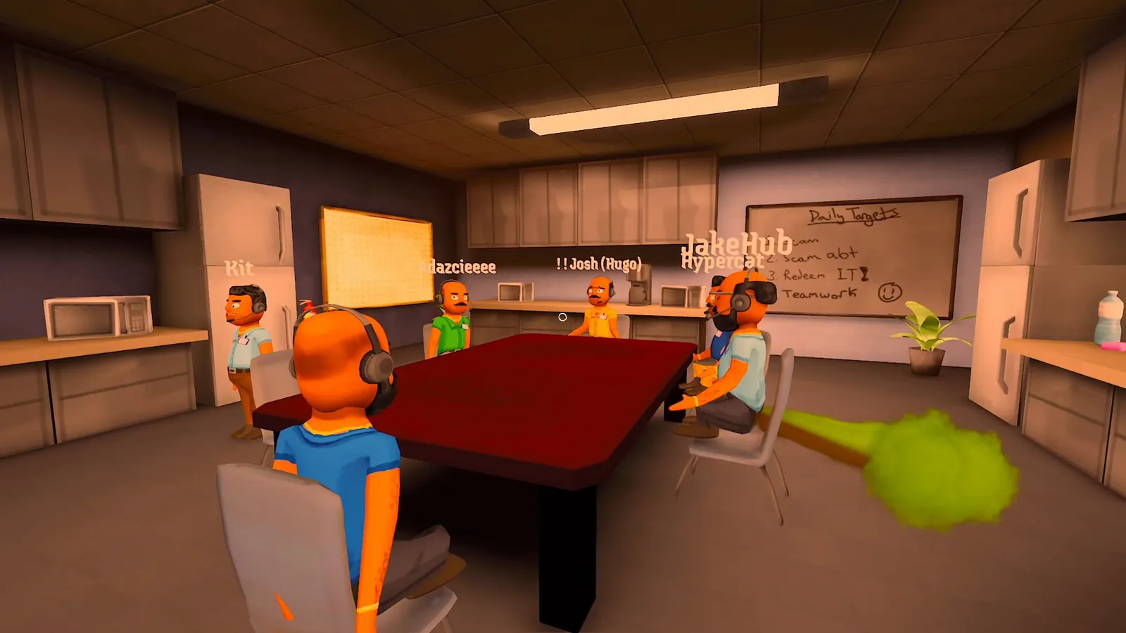 Player characters seated around the table in the performance review room