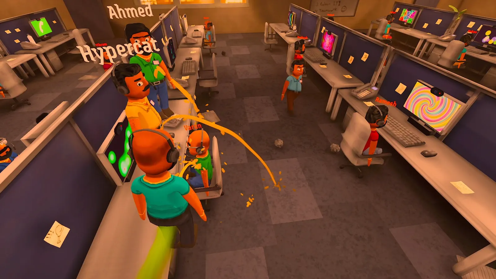 Top-down view of several player characters at their desks on the call floor