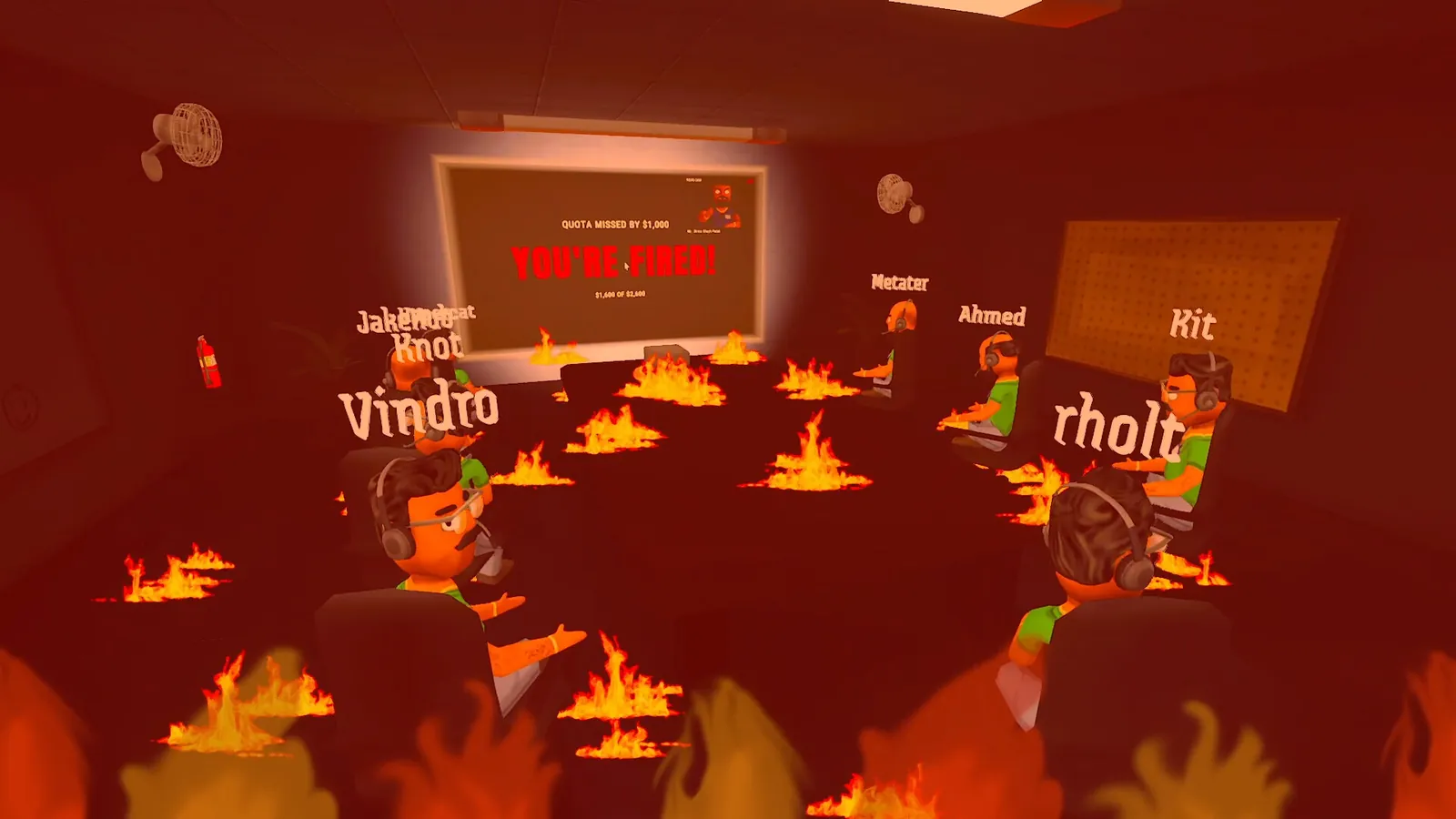 Performance review room on fire with a screen reading quota missed by 1,000 dollars, you're fired, and several player characters seated around a table