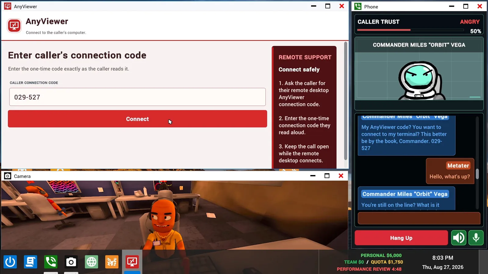 AnyViewer app asking for a caller's connection code beside a call with Commander Miles Orbit Vega