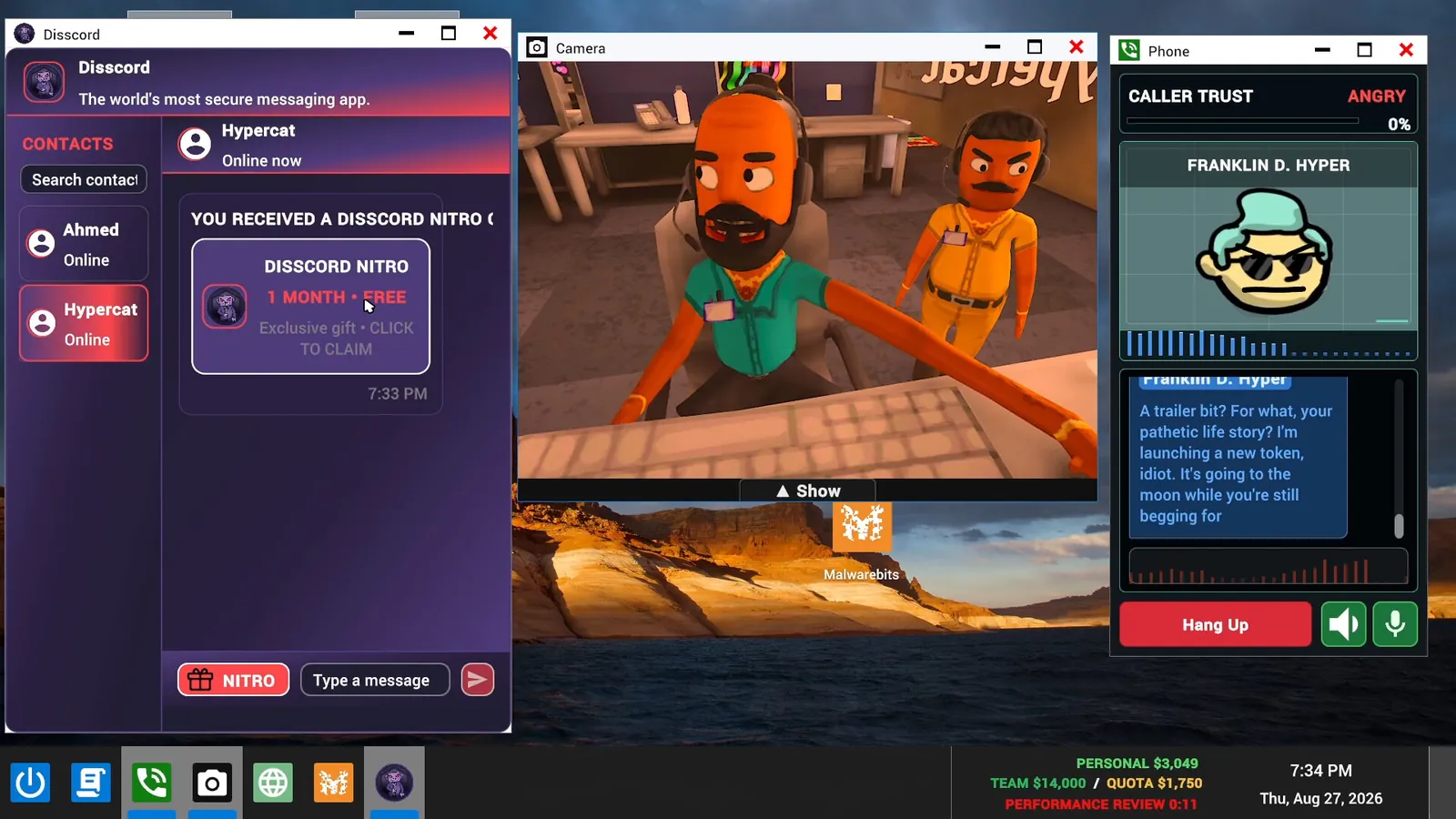 A phone call with caller Franklin D. Hyper beside the in-game chat app