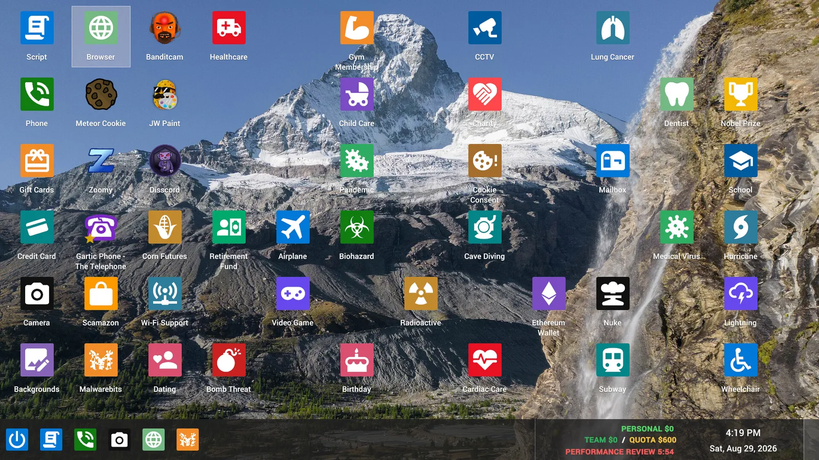Kolkata OS desktop full of app icons with the quota readout in the taskbar