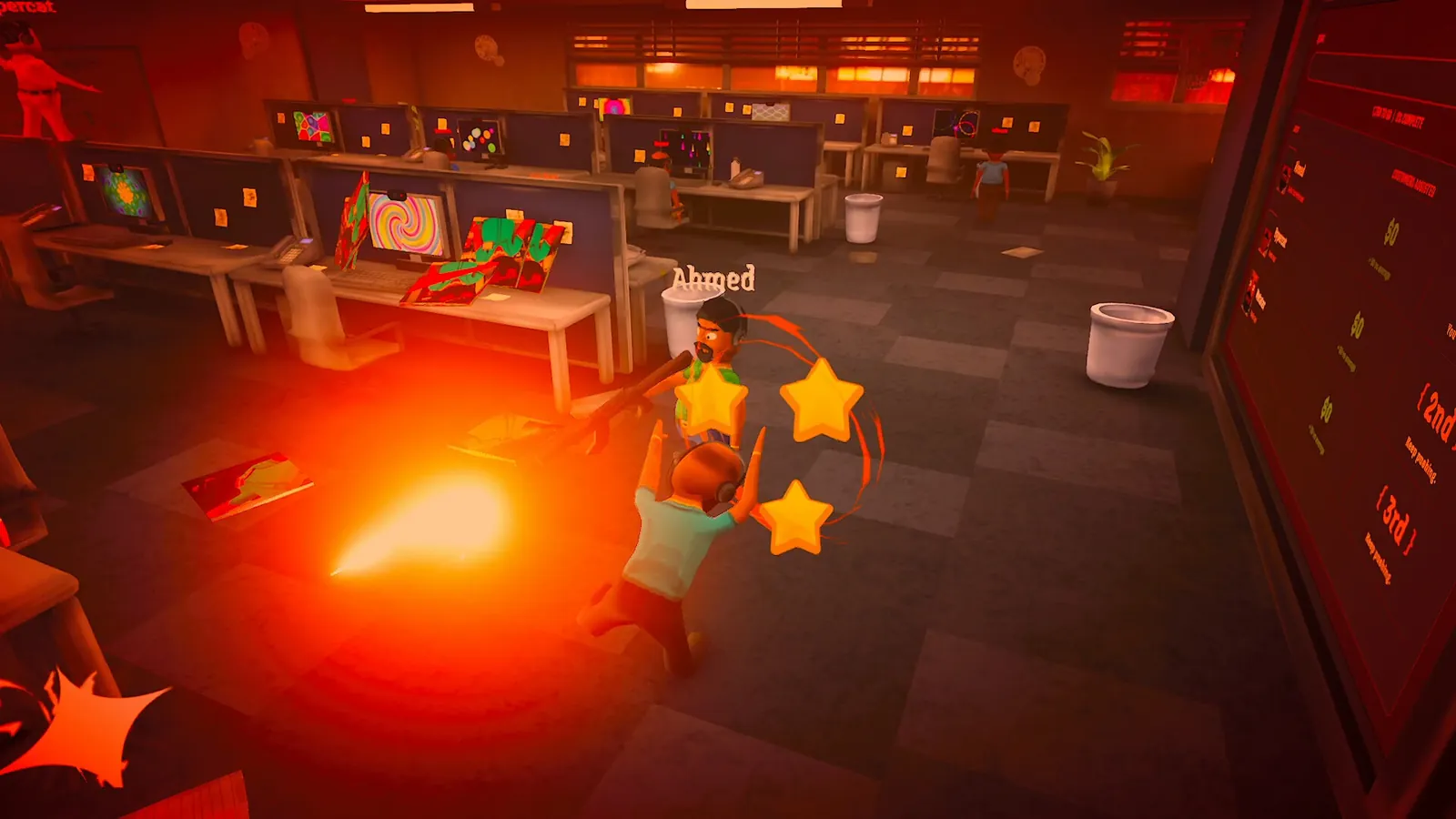 An explosion on the call floor knocking a player character over with stars around their head